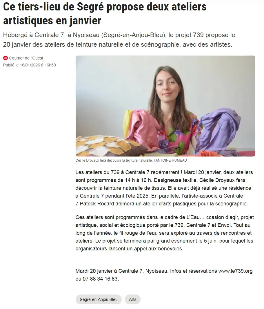 Article Courrier de l'ouest 18 janvier 2026 - Ateliers teinture naturelle