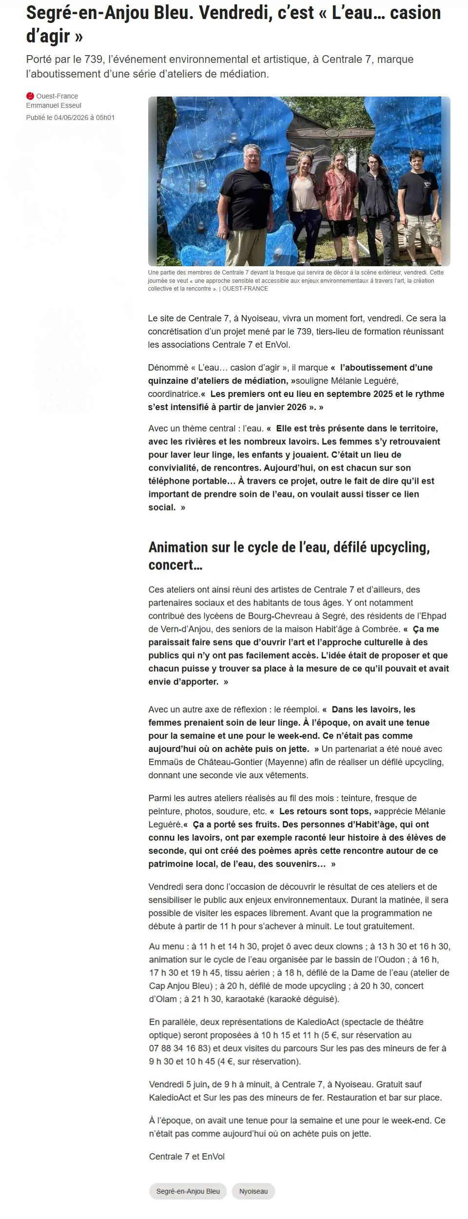 article du 04 juin 2026 - ouest-france - Segré-en-Anjou Bleu. Vendredi, c’est « L’eau… casion d’agir »